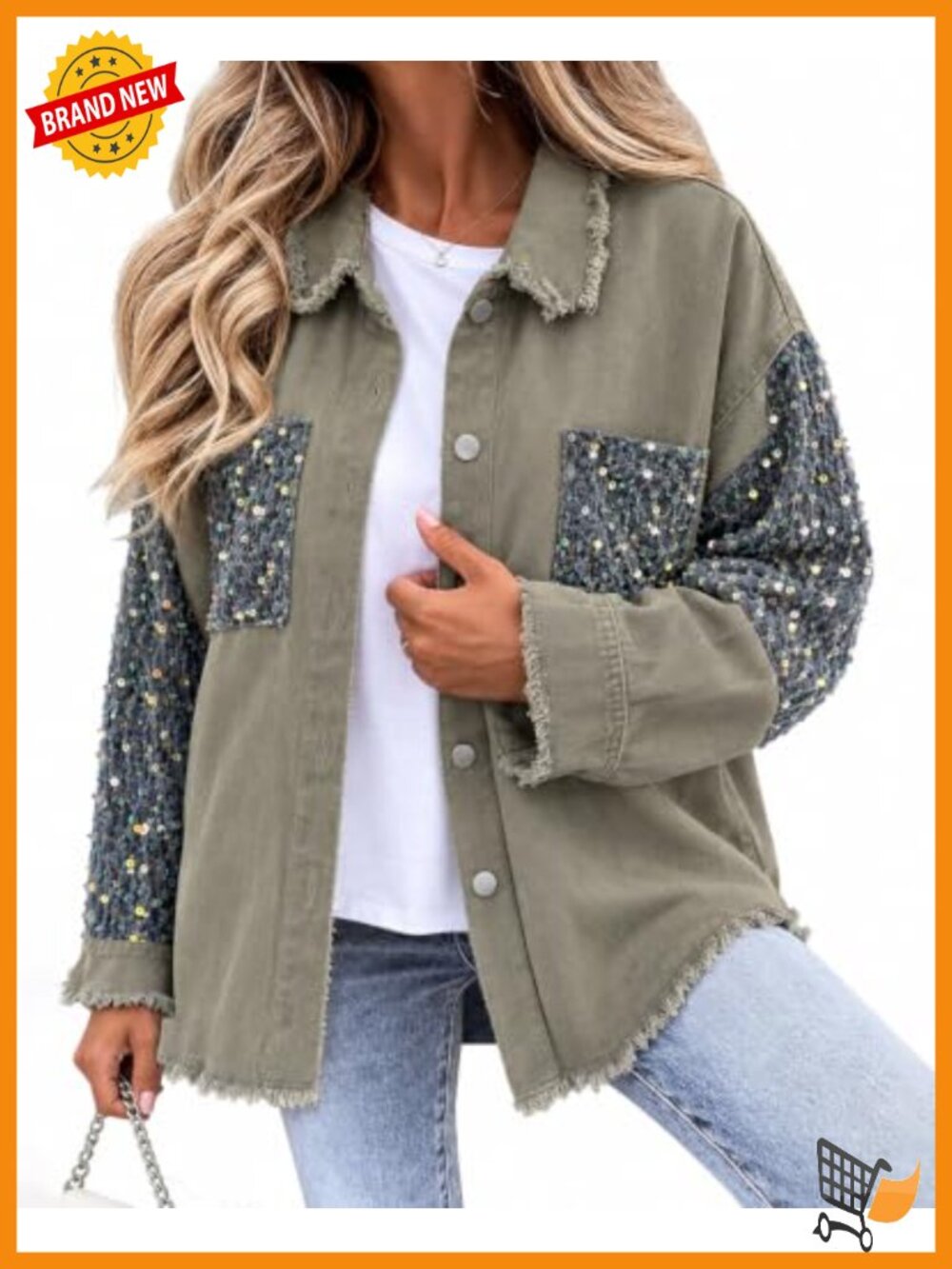 Oversized Sequin Denim Shacket Drop Shoulder Batwing Sleeve